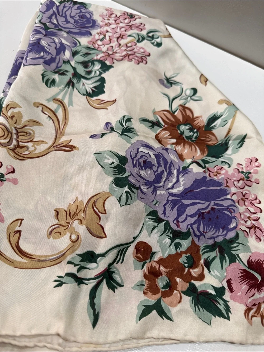 Floral Cream Silk Scarf with Purple & Pink Brown Blooms Roses 🌹vintage